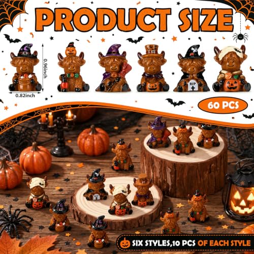Yaomiao 60 Pcs Mini Halloween Highland Cow Figurines Resin Cow Statues - style: Halloween