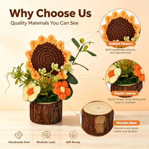 Adorable Crochet Flowers Bouquet for Women/Teacher Desk Decora Gift - color: Sunflower+wood