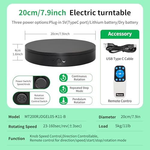 Remote-Controlled Electric Turntable,360° Silent Spinning Display Stand,Speed-adjustable Rotating Turntable,Multi-mode Rotating Display Base,Rotating Display Stand For 3D Scan(7.87inch/Black) - size: 7.87inch/Black/11Lbs Load