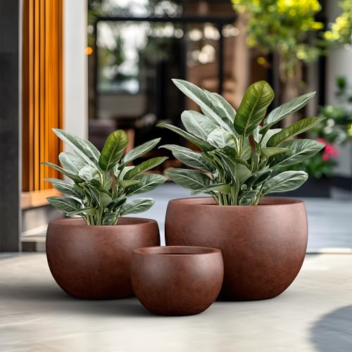 Kante Set of 3 Rusty Concrete Bowl Planters 19.9" 15.7" 11.8" Dia - color: Rusty, size: 19.9"D + 15.7"D + 11.8"D