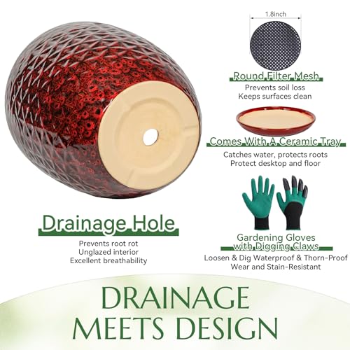 9.5 Inch Flower Pots for Indoor Plants,Ceramic Planter with Saucer Drainage Leak-Proof Mesh Gardening Gloves (Diamond Red) - color: Diamond Red, size: 9.5 Inch