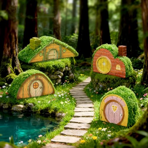 Set of 4 Flocked Miniature Fairy Garden House Accessories, Mini Resin Gnome Elf House Figurines for DIY Micro Landscape Decor Outdoor Bonsai, Terrarium, Planter Flower Pot Ornaments - color: Gnome House