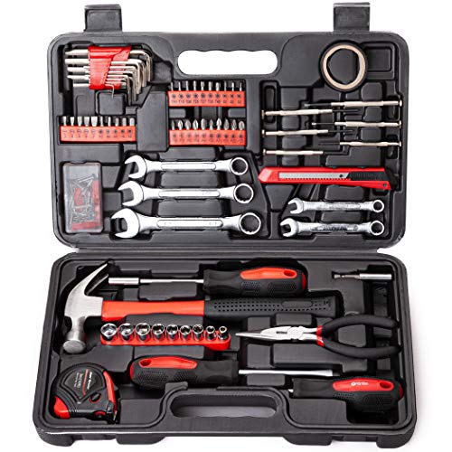 CARTMAN 148-Piece Household Tool Set, Red Tool Kit with Plastic Toolbox - color: Red