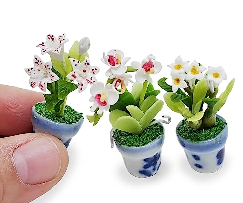 WitnyStore Tiny 1½" High 3 Pieces Set Lily Orchid Plumeria Hand Made Artificial Flowers Realistic Colorful Miniature Modelling Clay Flower Pots Brilliant Variety of House Plant Species Home Decoration