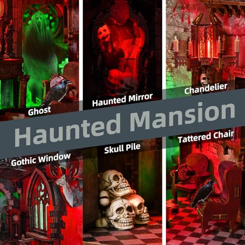 fifijoy Haunted Horror Book Nook Kit, DIY Miniature Dollhouse Halloween Booknook Kit, Spooky Creepy Scary 3D Wooden Puzzle Bookend Bookshelf Insert Decor with LED Light (Haunted Mansion) - color: Haunted Mansion