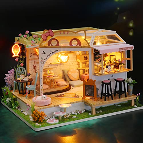 GuDoQi DIY Miniature Dollhouse Kit, Tiny House Kit with Music, 1:24 Scale, Handmade Crafts Gift for Christmas Day Birthday, Lovely Cats' Coffee Shop - color: Coffee Shop
