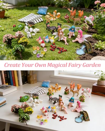 Avalution 112 Pcs Fairy Garden Accessories Kit, Miniature Fairies, Animals, Houses, Bridge and Pond for Planters, Terrariums and DIY Decor - size: 112 Pcs