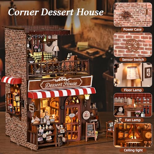 DIY Miniature House Kit, Dollhouse Fantastic Corner Shop for Adults to Build, Birthday/Christmas Day Gift for Family and Friends, Prefab Tiny Home with LED Lights,Corner Dessert House - color: Corner Dessert House