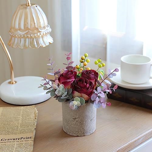 Artificial Burnt Burgundy Rose Potted Plant, Mini Faux Floral Decor - color: Burnt Burgundy