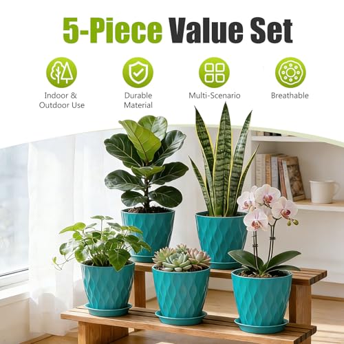 8 Inch Plastic Plant Pots,Set of 5 Flower Pots,Planters with Drainage Holes & Saucers, Indoor Outdoor Garden Pots for Home Decor(Blue-Green) - color: Blue-green