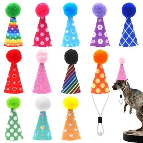 12 Pcs Mini Party Hats for Animal Figures Felt Tiny Birthday Party Hats with Pom Poms Little Resin Animal Toys Hat