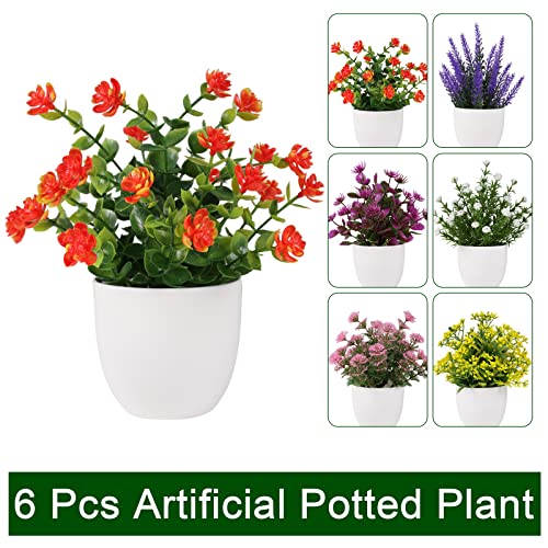 Yoratee 6 Pack Small Artificial Flower Potted Plants, Mini Faux Flowers in Pots Colorful Fake Plants for Indoor Bathroom Office Desk Tabletop Windowsill and House Shelf Decorations - color: B-colorful-6pcs