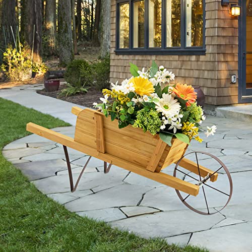 S AFSTAR Wood Wheelbarrow Planter, Flower Plant Pot Cart w/Metal Wheel & 9 Replaceable Magnet Accessories, Wooden Wagon Planter Decor for Outdoor Garden Backyard (Natural) - color: Natural