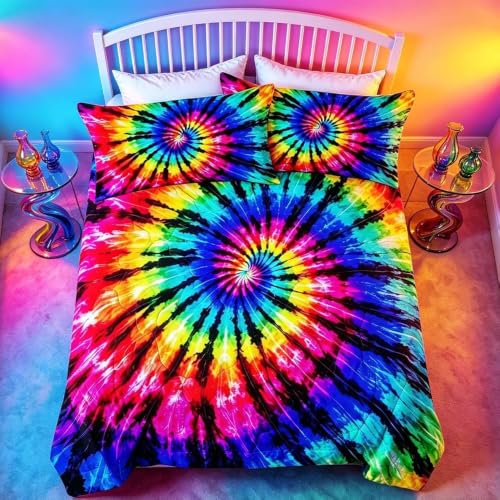 BlessLiving Rainbow Tie Dye King Comforter Set, Bohemian Style, 3 Pieces - color: Black Purple Blue, size: King