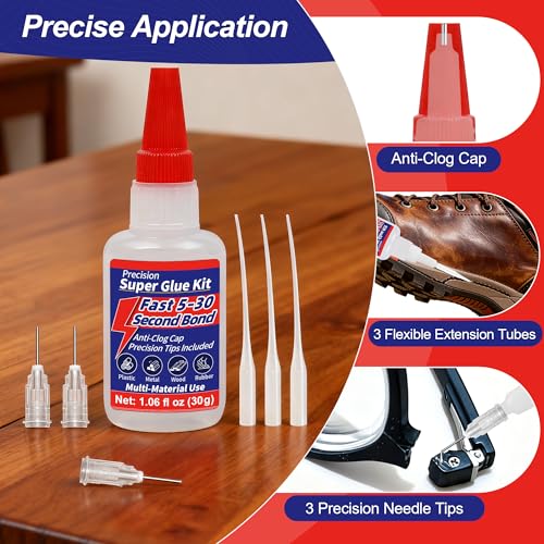 Precision Super Glue Kit, 1.06 fl oz (30g) — CA Glue with Anti-Clog Cap, 3 Metal Applicator Tips & 3 Extension Tubes — Fast-Setting Instant Adhesive for Plastic, Metal, Ceramic, Wood, Rubber & DIY