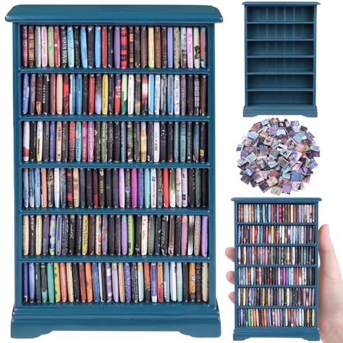Mini Bookshelf with 180pcs Mini Books Miniature Blue Bookshelf Ornament - style: Mini Books with Blue Bookshelf