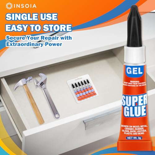 INSOIA Super Glue Gel Clear, 6 x 3g, All Purpose Non-Drip Single-Use - style: Gel