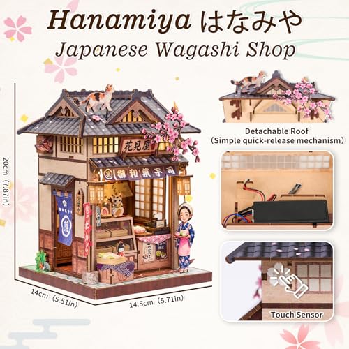DIY Miniature Dollhouse Kit, Japanese Wagashi Shop 3D Wooden Puzzle with LED Light, Cherry Blossoms & Furniture, Cozy Home Decor, Relaxing Craft Hobby for Adults,Hanamiya - color: Hanamiya