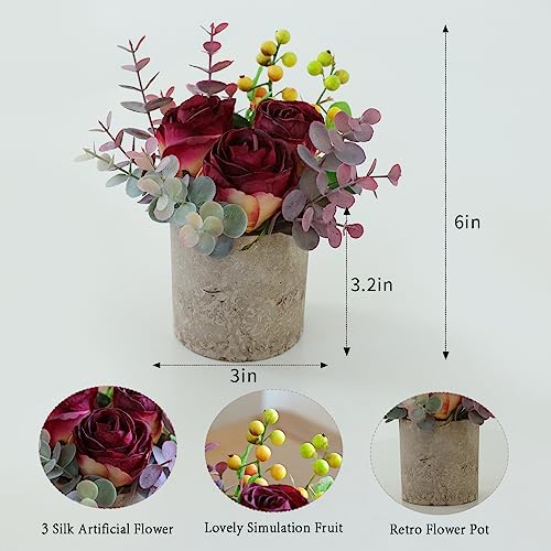 Artificial Burnt Burgundy Rose Potted Plant, Mini Faux Floral Decor - color: Burnt Burgundy