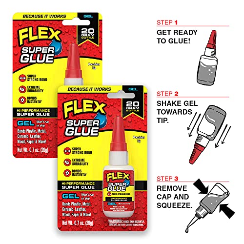 Flex Super Glue Gel, 20 Gram Bottle, 2-Pack, Clear, Instant Bond, Quick Dry, Cyanoacrylate Adhesive, Precision Tip for Wood, Metal, Plastic, Crafts, Ceramic, and Toy Repairs - size: 2-Pack, style: Gel 20 Gram Bottle