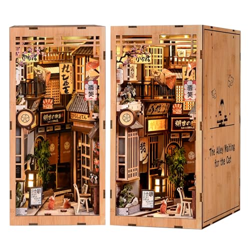 Book Nook Kit, 3D Wooden Puzzles for Adults, DIY Miniature House Kit for Adults, Booknook with LED Light, Gifts for Family, Friends and Book Lovers, Bookshelf Decor(Cat's Alley) - color: Cat's Alley