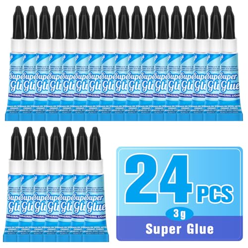 Super Glue Liquid Clear 3 Gram (Pack of 24) for Plastic Metal & Wood – Instant CA Adhesive All Purpose Multipack, Crazy Glue for Ceramic 3D Printing Shoe Crafts, Strong Bonding Single Use Minis - size: 24 x 3G