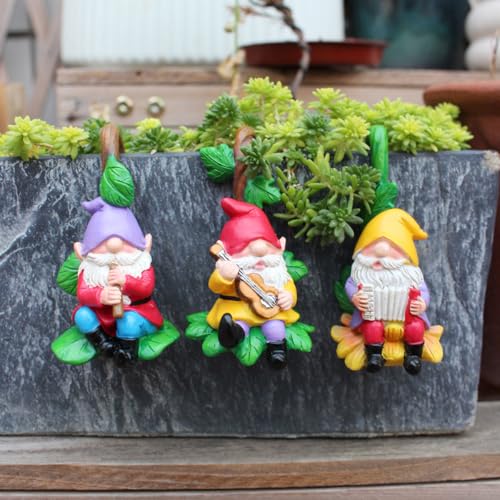 Set of 3 Cute Climbing Gnome Figurines Flower Pot Hugger, Resin Hanging Gnomes Statue Outdoor Decor Fence Ornaments for Patio Lawn Garden Yard (Music Gnome) - color: Music Gnome