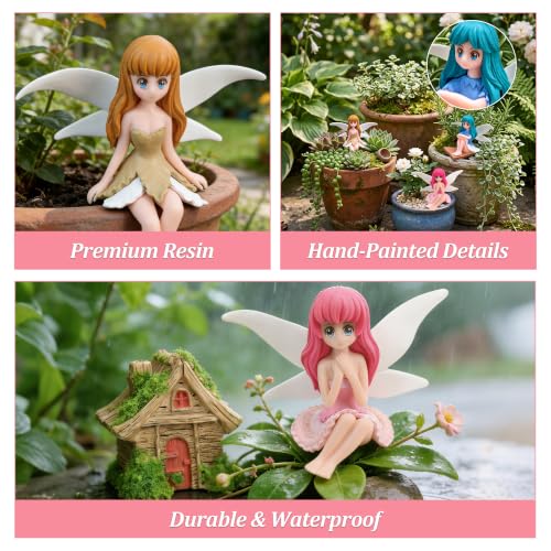 Avalution 17 Pcs Fairy Garden Accessories Kit, Miniature Sitting Fairy Figurines with Leaf Umbrellas, Houses and Mushrooms for Plant Pots and DIY Decor - size: 17 Pcs