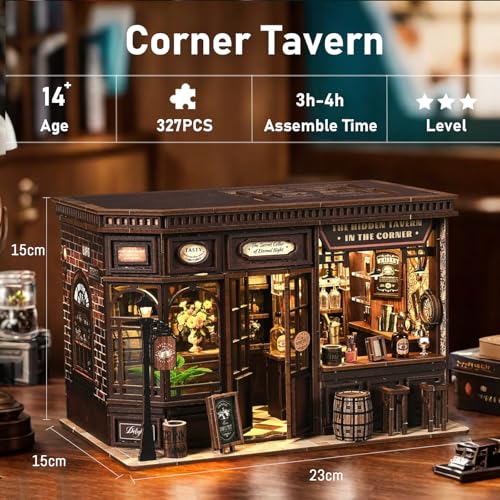 Book Nook Kit, 3D Wooden Puzzles for Adults, DIY Miniature House Kit for Adults, Booknook with LED Light, Gifts for Family, Friends and Book Lovers, Bookshelf Decor(Corner Bistro) - color: Corner Bistro