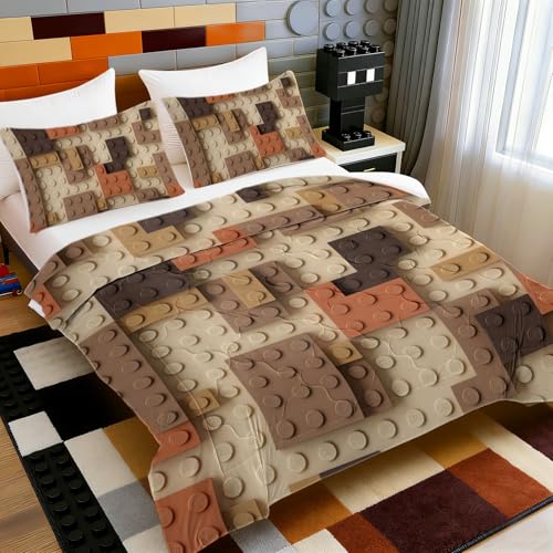 BlessLiving Teen Boys Brick Queen Comforter Set Earth Tone Boho Bedding Set - color: Caramel Building Blocks, size: Full/Queen