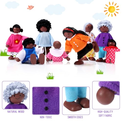 Sumind 35 Pcs Wooden Dollhouse Furniture and 8 African American Dolls Set for Inclusive Creative Play Fits Most 1 12 Scale Miniature Houses Easter Gift for Boys Girls - style: African-American Dolls