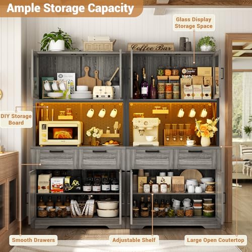 Unikito 71" Tall Kitchen Pantry Storage Cabinet with LED Light & Outlets - color: Enoch Walnut, size: 63 Inch