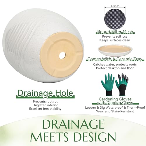 11.8 Inch Flower Pots for Indoor Plants,Ceramic Planter with Saucer Drainage Leak-Proof Mesh Gardening Gloves (Water-Ripple White) - color: Water-ripple White, size: 11.8 Inch