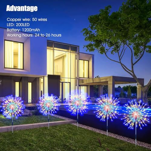Solar Fireworks Lights for Outside, 200LED 8 Modes Fireworks Solar Lights, Fairy Garden Flowers Lights for Yard Pathway Wedding Party Christmas Diwali Garden Decor 2 Pack (Multicolor) - color: Multicolor