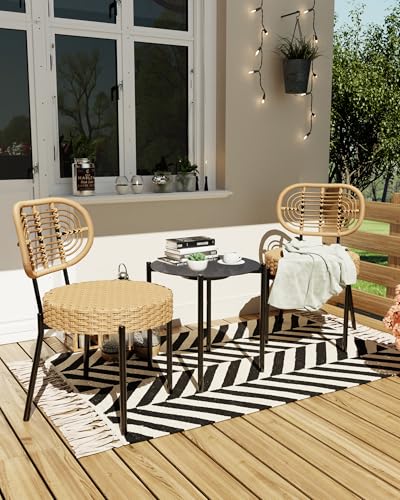 GarveeLife 3 Piece Wicker Patio Bistro Furniture Set, Outdoor Dining Chairs, Includes 2 Rattan Chairs and Tempered Glass Table, for Garden, Backyard, Balcony, Apartment (Black & Brown) - color: Black & Brown