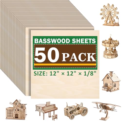 50 Pack Basswood Sheets for Laser Cutting, 12 x 12 x 1/8 Inch, Unfinished Squares Wood Sheets for Crafts - Smooth Surface Plywood for Wood Burning, Engraving, Architectural Models, Painting & Staining