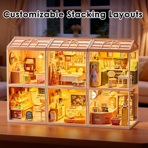 24-Hour Convenience Store DIY Miniature House Kit with Roof & LED Light, Stackable & Connectable Dollhouse Kit with Dustproof Doors, Creative DIY Crafts Building Toy Gift for Adults Teens - color: Convenience Store, size: Meduim