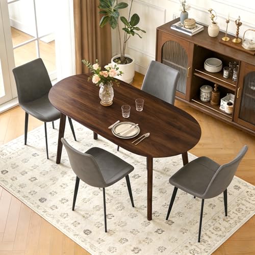 63" Oval Dining Table Set for 4 with Solid Wood Legs - color: Walnut Table Grey Chairs