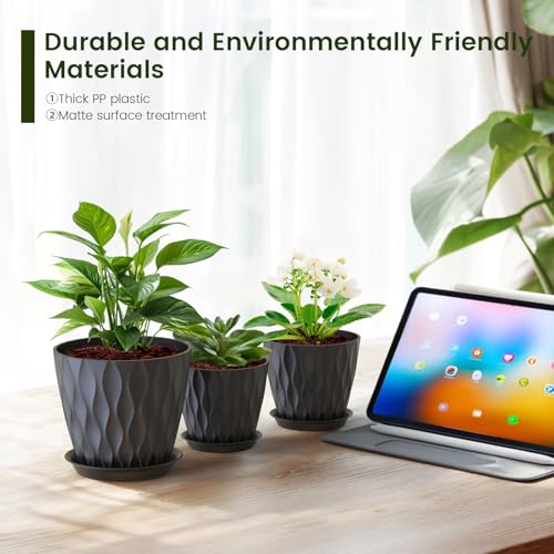 Meowell 7/6.5/6/5.5/5/4.5/4 inch Plant Pots for Indoor Outdoor Plants, 7 Pack Thick Flower Pots with Drainage Holes and Saucers, Modern Wave Texture Plastic Planter Pots for Nursery, Succulent, Black - color: Black, size: 7+6.5+6+5.5+5+4.5+4 inch 7 pieces
