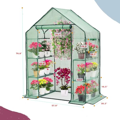 Purlyu Walk-in Greenhouse for Outdoors w/ Mesh Side Windows, 3 Tiers 6 Shelves PE Cover Green House Portable Warm House for Seedling Flowers Growing 20 Pcs T-Type Plant Tags Include (GHW001G) - style: 6 shelf PE(Green)