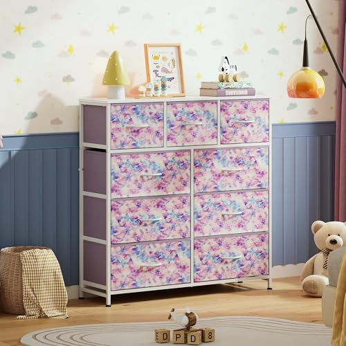 WLIVE Tall Dresser for Bedroom, 9 Drawer Chest of Drawers, Tie-Dye - color: Tie-dye Purple Print