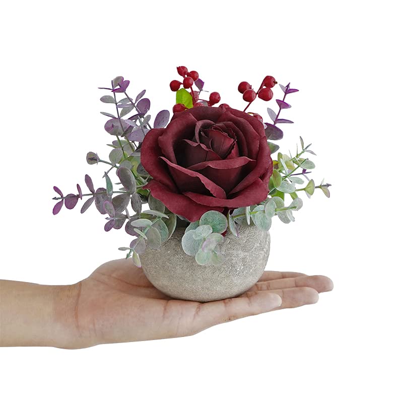 Small Artificial Burgundy Rose Potted Plant, Mini Faux Floral Decor - color: Burgundy