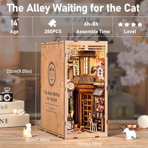 Book Nook Kit, 3D Wooden Puzzles for Adults, DIY Miniature House Kit for Adults, Booknook with LED Light, Gifts for Family, Friends and Book Lovers, Bookshelf Decor(Cat's Alley) - color: Cat's Alley