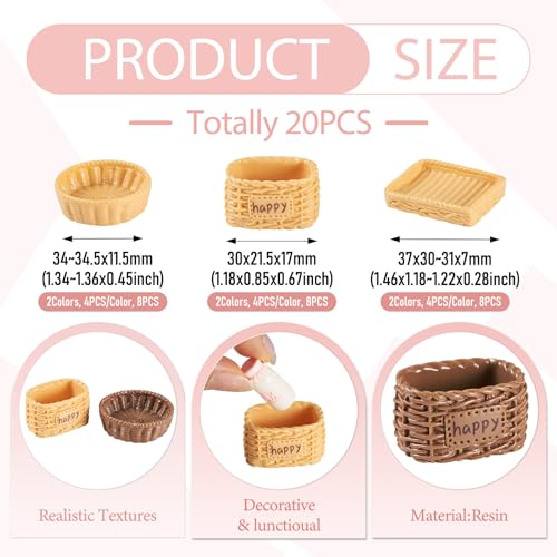 FASHEWELRY 24Pcs Mini Rattan Basket Dollhouse Accessories Resin Kitchen Tableware Miniature Display Rattan Decorative Model for Micro Landscape Decoration Garden Home Party Decor - color: 3 Colors-rattan Basket