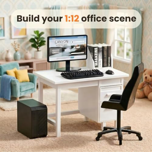1:12 Scale Miniature Computer Desk & Chair Set – Dollhouse Office Furniture with Opening Drawers, Monitor, Keyboard, Mouse, PC Tower & Office Chair – Mini Workstation for Diorama, Roombox & Collectors - color: White Desk