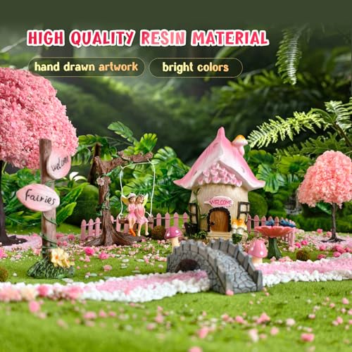 DONABELA Fairy Garden Decor Kit Pink Resin Miniature House Figurines Set Swing Directional Sign Bird Drinking Pool Fence Little Mushroom Outdoor Tiny Accessories Supplies - style: Petal house