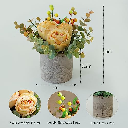 Artificial Burnt Yellow Rose Potted Plant, Mini Faux Floral Decor - color: Burnt Yellow
