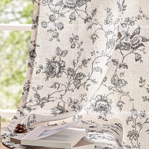jinchan Custom Size Curtain Black Floral Linen Curtain Back Tab 1 Panel - color: Amlie Black, size: Custom