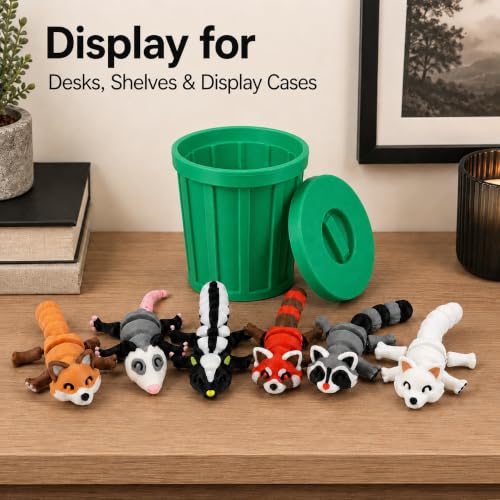 3D-Printed Woodland Animal Figurines, 8-Piece Articulated Raccoon, Fox, Skunk, Opossum, Red Panda and Arctic Fox Set with Green Trash Can - color: Green