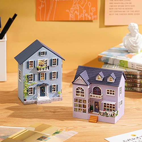 Spilay Dollhouse DIY Miniature Wooden Furniture Kit,Mini Handmade Doll House with LED,1:24 Scale Creative Woodcrafts for Adult Friend Lover Birthday Gift D32 - color: Happy House